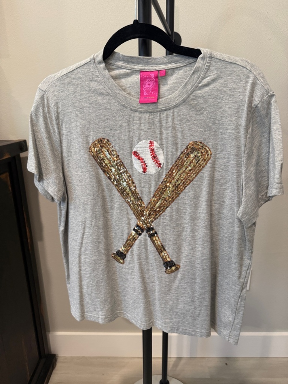 QUEEN OF SPARKLES Gray Tee with Gold Sequin Baseball Design